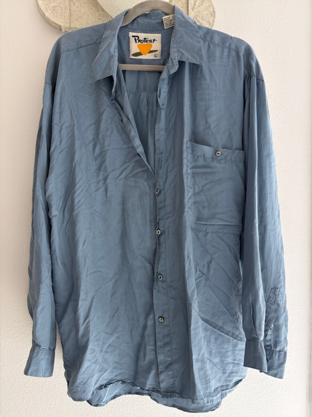 Protest 100% Silk Button Down Shirt Blue Long Sleeve Pocket Top Size L